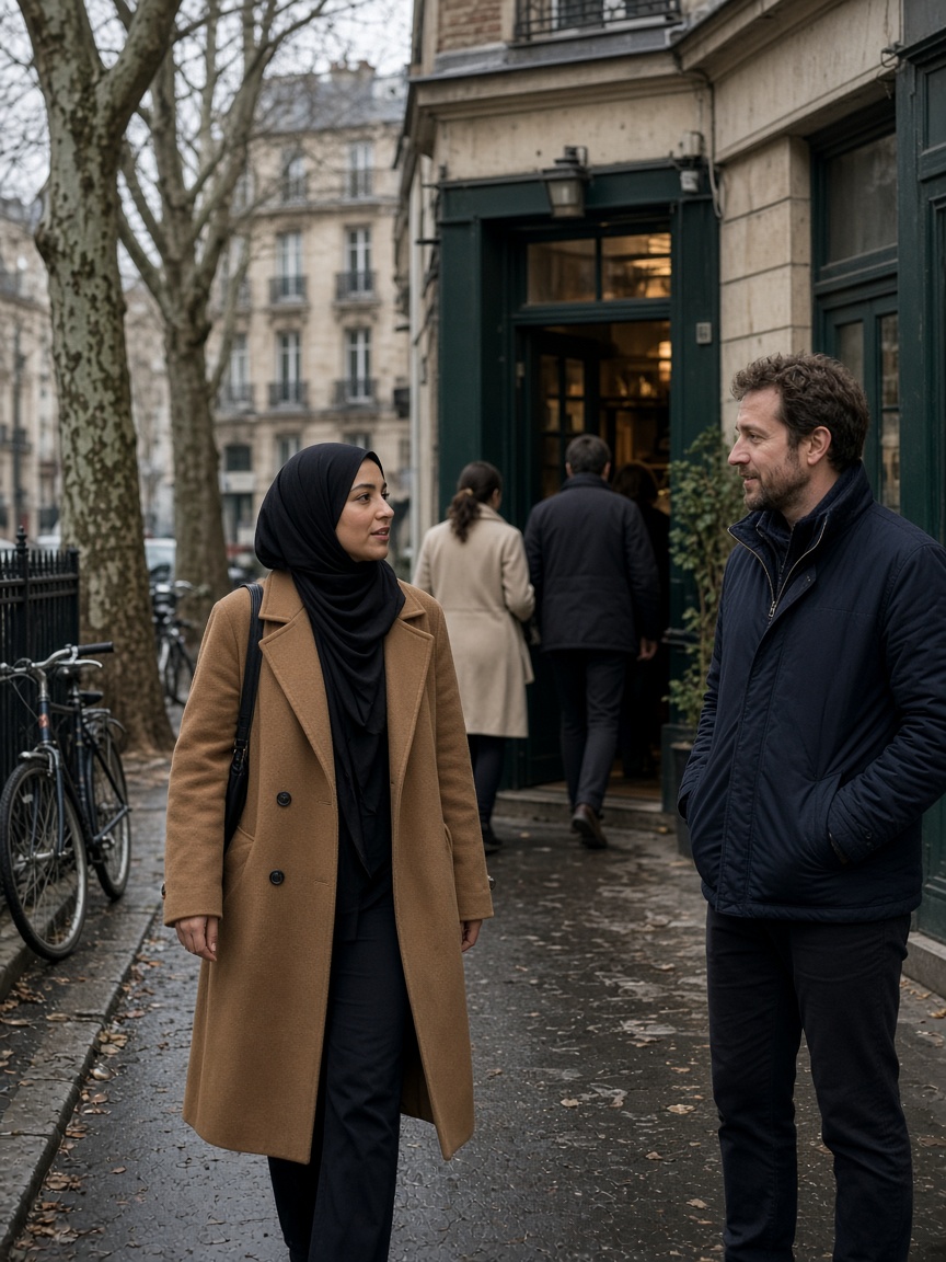 Deux personnes parlent sur un trottoir de l'Est parisien. Illustration.