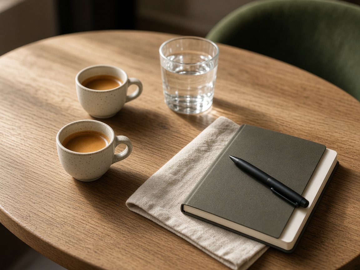 Deux tasses de café et un carnet sur une table en bois.